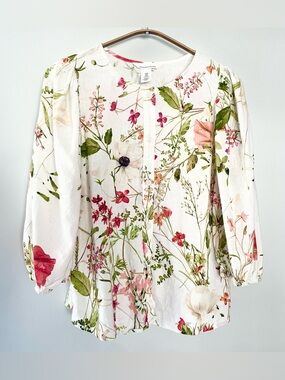 H&M White Floral Button-Front Blouse Linen Puff Balloon 3/4 Sleeve Pink Green M
